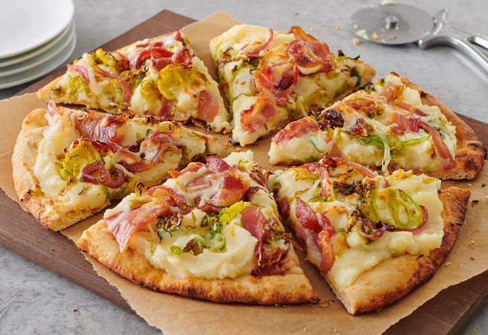Mashed Pizza with Roasted Brussels Sprouts, Bacon and Caramelized Onions