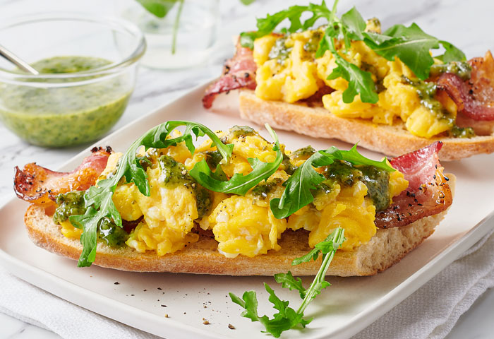 Open Faced Toast, Scrambled Egg with Pesto and Black Pepper Bacon